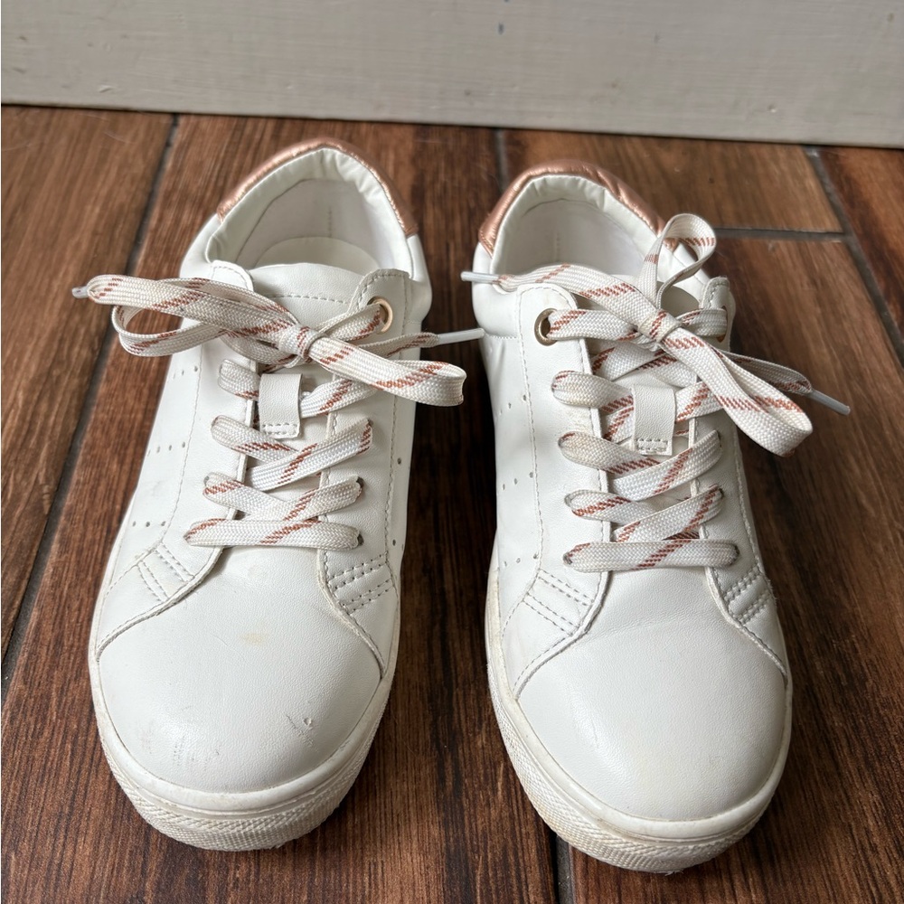 J. Crew White Kids Pleather Sneakers with Rose Gold Accents